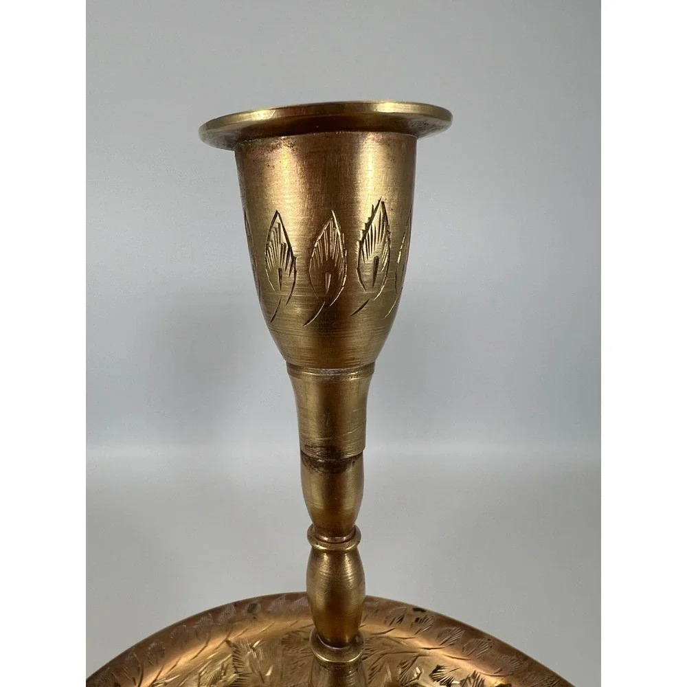 Vintage Etched Brass 3 Arm‎ Candelabra Centerpiece India 9.5 Inch